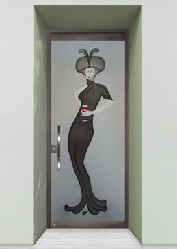 Private Exterior Glass Door with Sandblast Etched Glass Art by Sans Soucie Featuring Hillis Furs Wine Art Deco Design