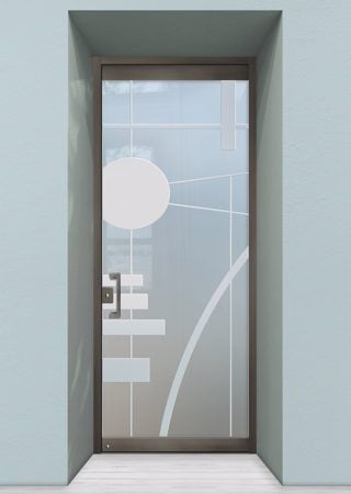All Glass Front Door featuring Frosted Glass Design Etched Glass by Sans Soucie Art Glass with Custom Geometric Design Interval