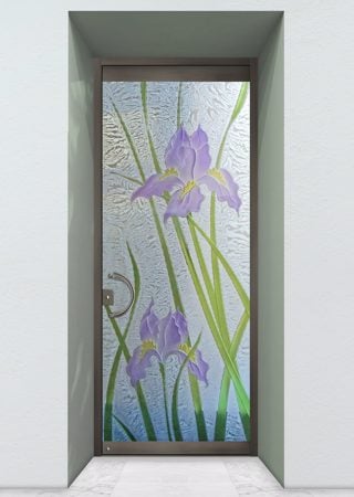 All Glass Front Door with a Frosted Glass Iris Floral Design for Semi-Private by Sans Soucie Art Glass