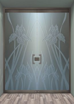 Handmade Sandblasted Frosted Glass Exterior Glass Door for Private Featuring a Floral Design Iris Hummingbird by Sans Soucie