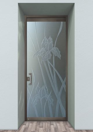 All Glass Front Door featuring a Frosted Glass Floral Design Sandblast Etched Glass Iris Hummingbird Design by Sans Soucie