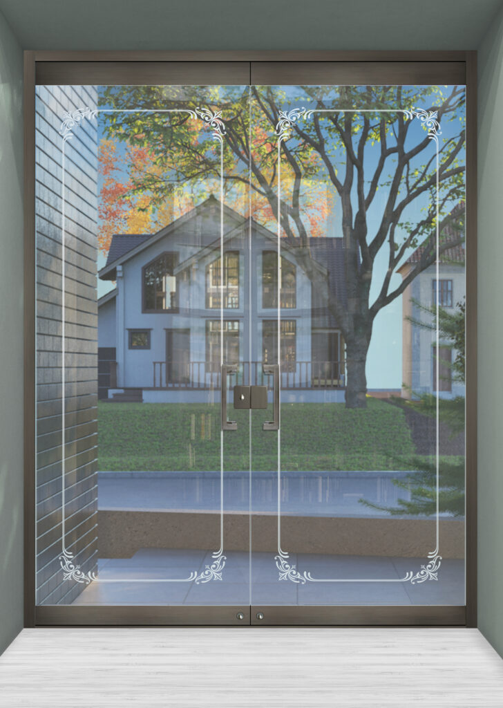 Frameless glass entry doors with etched border for commercial space
