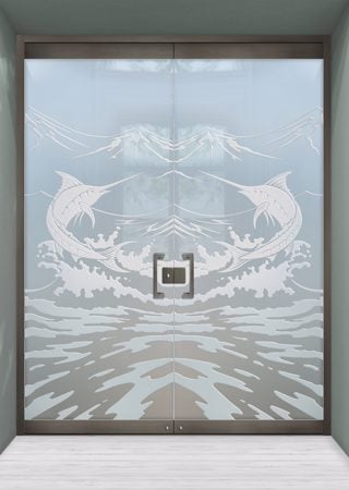 All Glass Front Door with a Frosted Glass Marlin Oceanic Design for Semi-Private by Sans Soucie Art Glass