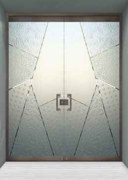 Semi-Private Exterior Glass Door with Sandblast Etched Glass Art by Sans Soucie Featuring Matrix Angles Abstract Design