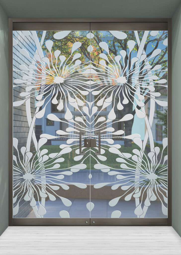 Commercial frameless glass entry doors with carved glass design