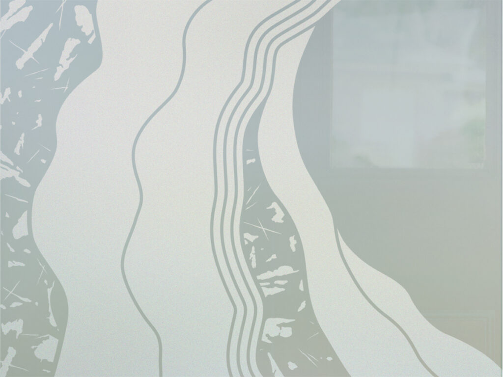 Close-up of Metacurl design on 1D etched frosted glass with privacy and flowing contour lines.