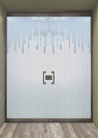 All Glass Front Door featuring Frosted Glass Design Etched Glass by Sans Soucie Art Glass with Custom Geometric Design Mosaics