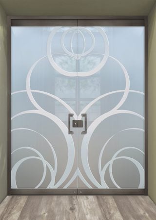 All Glass Front Door featuring Frosted Glass Design Etched Glass by Sans Soucie Art Glass with Custom Geometric Design Motion