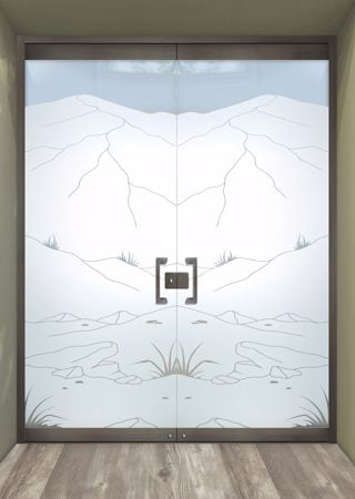 All Glass Front Door with Frosted Glass Desert Mountains Foliage Design by Sans Soucie