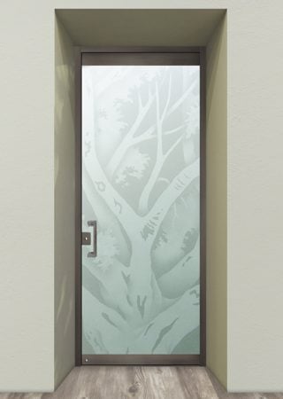 All Glass Front Door with a sandblast Frosted Glass Tree Design Custom-Designed Decorative Etched Glass