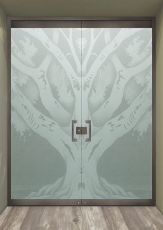 All Glass Front Door showcasing a Frosted Glass Tree Design with Sandblast Etched Glass Art by Sans Soucie Oak Tree II Design