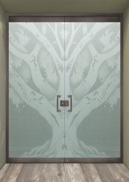 Private Exterior Glass Door with Sandblast Etched Glass Art by Sans Soucie Featuring Oak Tree II Trees Design