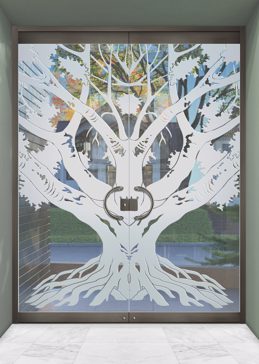 Not Private Exterior Glass Door with Sandblast Etched Glass Art by Sans Soucie Featuring Oak Tree II Trees Design