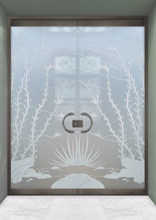 All Glass Front Door showcasing a Frosted Glass Desert Design with Sandblast Etched Glass Art by Sans Soucie Ocotillo Design