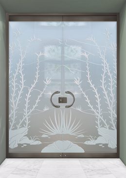 Private Exterior Glass Door with Sandblast Etched Glass Art by Sans Soucie Featuring Ocotillo Desert Design