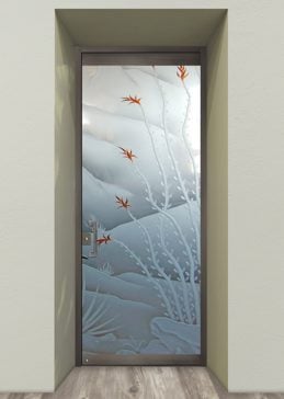 Art Glass Exterior Glass Door Featuring Sandblast Frosted Glass by Sans Soucie for Not Private with Desert Ocotillo Blooms Design