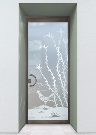 All Glass Front Door showcasing a Frosted Glass Desert Design with Sandblast Etched Glass Art by Sans Soucie Ocotillo Roadrunner Design