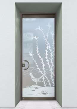 Private Exterior Glass Door with Sandblast Etched Glass Art by Sans Soucie Featuring Ocotillo Roadrunner Desert Design