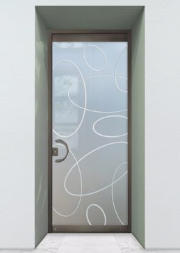Handcrafted Etched Glass Exterior Glass Door by Sans Soucie Art Glass with Custom Geometric Design Called Ovals Overlap Creating Private