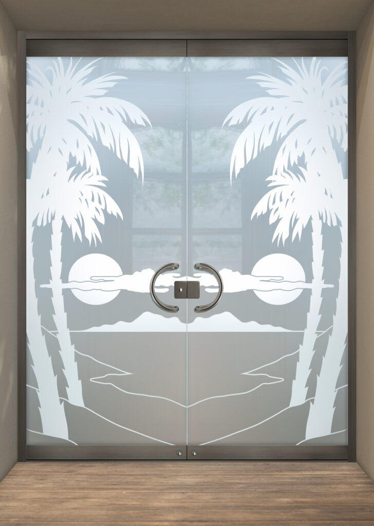 Frameless glass doors with private frosted glass design Palm Sunset