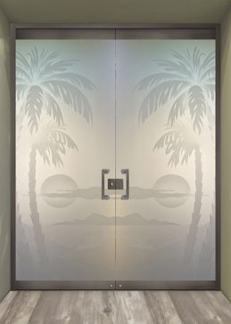 Handcrafted Etched Glass Exterior Glass Door by Sans Soucie Art Glass with Custom Palm Trees Design Called Palm Sunset Creating Private