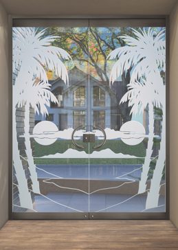 Handcrafted Etched Glass Exterior Glass Door by Sans Soucie Art Glass with Custom Palm Trees Design Called Palm Sunset Creating Not Private