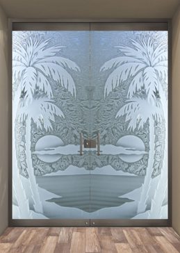 Handcrafted Etched Glass Exterior Glass Door by Sans Soucie Art Glass with Custom Palm Trees Design Called Palm Sunset Creating Semi-Private