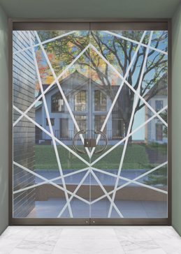 Handcrafted Etched Glass Exterior Glass Door by Sans Soucie Art Glass with Custom Geometric Design Called Pick Up Creating Not Private