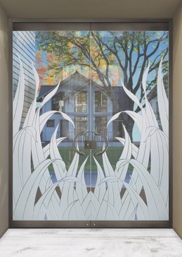 Handcrafted Etched Glass Exterior Glass Door by Sans Soucie Art Glass with Custom Foliage Design Called Reeds Creating Not Private