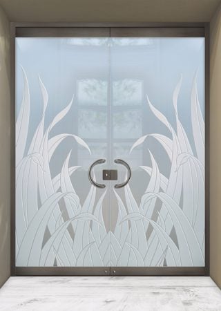 All Glass Front Door featuring Frosted Glass Design Etched Glass by Sans Soucie Art Glass with Custom Foliage Design Reeds