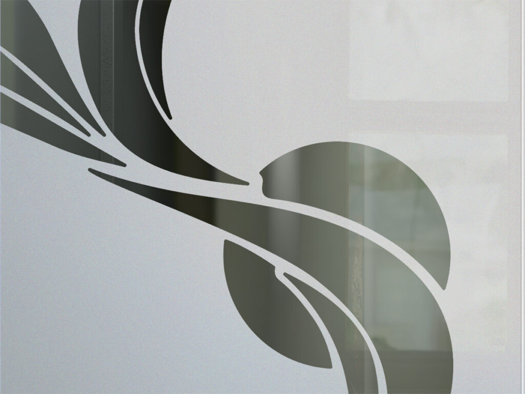 Close-up of Ribbon Reflection Moons design on 1D negative etched glass with semi-privacy and flowing abstract ribbon shapes