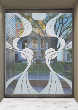 Handmade Sandblasted Frosted Glass Exterior Glass Door for Not Private Featuring a Geometric Design Ribbon Reflection Moons by Sans Soucie