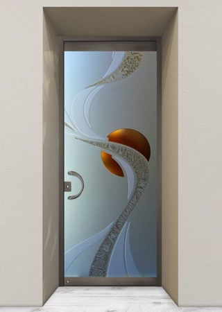 All Glass Front Door featuring a Frosted Glass Geometric Design Sandblast Etched Glass Ribbon Reflection Moons Design by Sans Soucie
