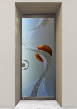 Handmade Sandblasted Frosted Glass Exterior Glass Door for Semi-Private Featuring a Geometric Design Ribbon Reflection Moons by Sans Soucie