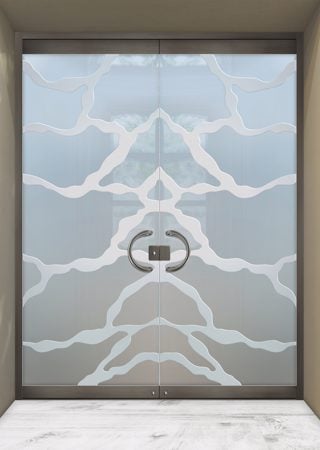 All Glass Front Door featuring a Frosted Glass Abstract Design Sandblast Etched Glass Rivulet Design by Sans Soucie
