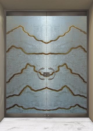 All Glass Front Door showcasing a Frosted Glass Abstract Design with Sandblast Etched Glass Art by Sans Soucie Serrated Design