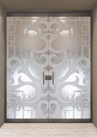 All Glass Front Door showcasing a Frosted Glass Geometric Design with Sandblast Etched Glass Art by Sans Soucie Seville Geo Design