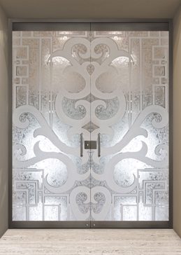 Semi-Private Frameless Glass Door Entry with Sandblast Etched Glass Art by Sans Soucie Featuring Seville Geo Geometric Design
