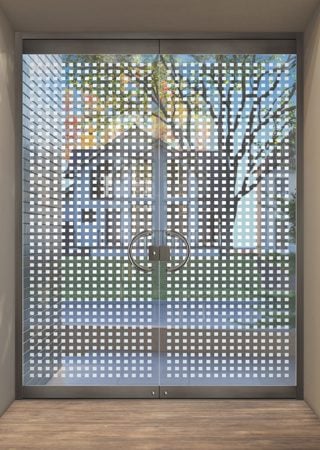 All Glass Front Door featuring Frosted Glass Design Etched Glass by Sans Soucie Art Glass with Custom Geometric Design Squares