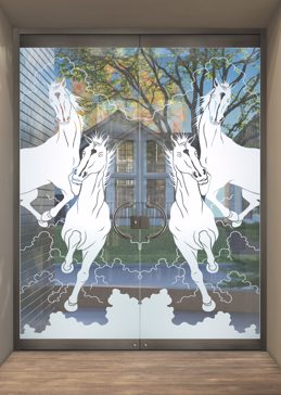 Handcrafted Etched Glass Exterior Glass Door by Sans Soucie Art Glass with Custom Western Design Called Stallions Creating Not Private