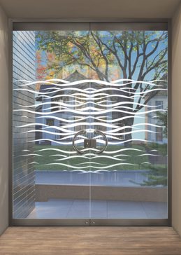 Art Glass Exterior Glass Door Featuring Sandblast Frosted Glass by Sans Soucie for Not Private with Geometric Streaming Waves Design