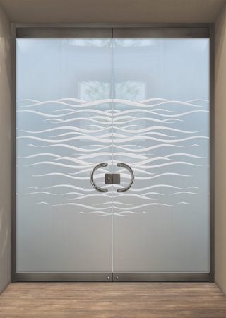 All Glass Front Door showcasing a Frosted Glass Geometric Design with Sandblast Etched Glass Art by Sans Soucie Streaming Wave Tips Design