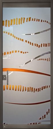 All Glass Front Door with a Frosted Glass Trails Abstract Design for Semi-Private by Sans Soucie Art Glass