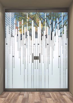 Not Private Exterior Glass Door with Sandblast Etched Glass Art by Sans Soucie Featuring Trickle Geometric Design
