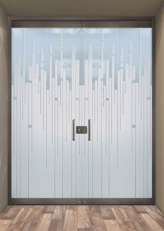 All Glass Front Door showcasing a Frosted Glass Geometric Design with Sandblast Etched Glass Art by Sans Soucie Trickle Design