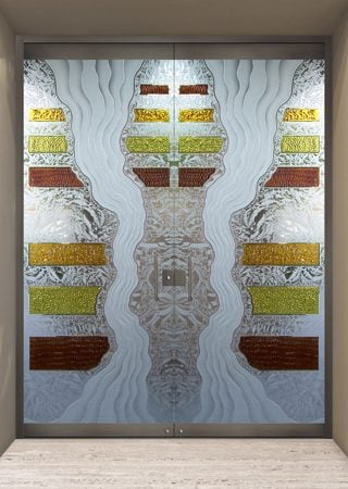All Glass Front Door with a sandblast Frosted Glass Abstract Design Custom-Designed Decorative Etched Glass