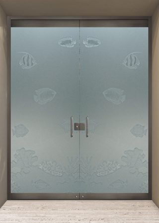 All Glass Front Door showcasing a Frosted Glass Oceanic Design with Sandblast Etched Glass Art by Sans Soucie Tropical Fish Design