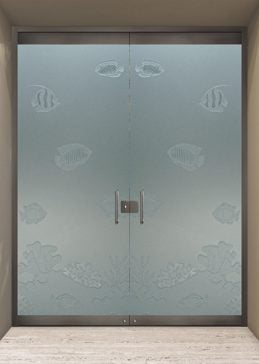 Private Exterior Glass Door with Sandblast Etched Glass Art by Sans Soucie Featuring Tropical Fish Oceanic Design