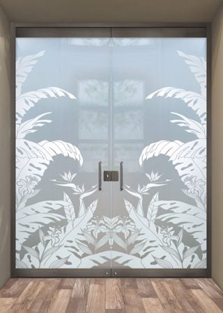 All Glass Front Door with a sandblast Frosted Glass Tropical Design Custom-Designed Decorative Etched Glass