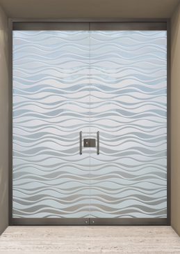 Handcrafted Etched Glass Exterior Glass Door by Sans Soucie Art Glass with Custom Patterns Design Called Wavy Creating Private